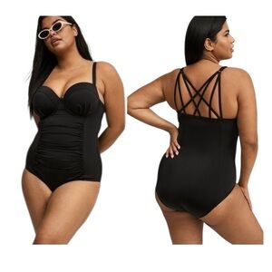 Torrid Slim Fix Underwire Strappy Back One Piece Swimsuit Ruched Slimming Sz 10